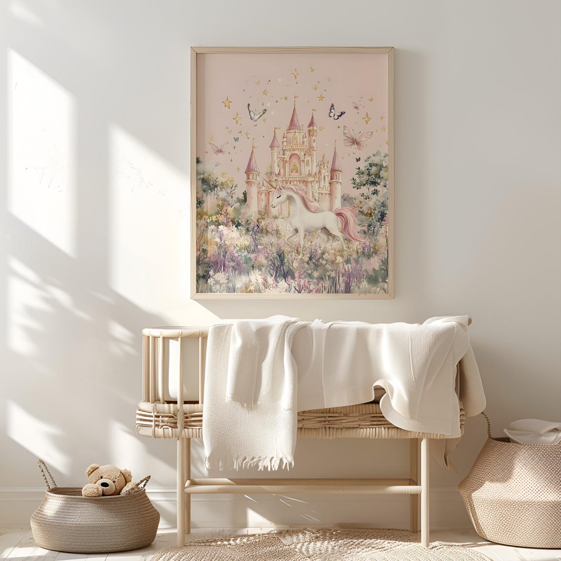 Pink Unicorn Castle Magical Princess Nursery Watercolor Art Poster - Image 5