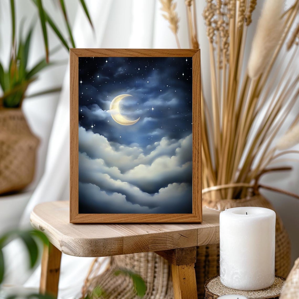 Misty Moon Print Starry Night Sky Painting Crescent Moon And Stars Wall Art Celestial Decor Witchy Lunar Poster Dark Moody Sky - Image 2