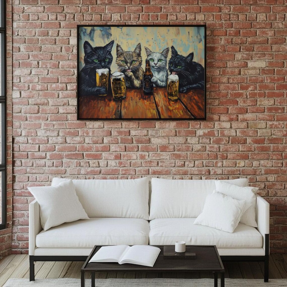 Four Funny Cats Sharing Frothy Beers at Wooden Pub Table Wall Art - Image 6
