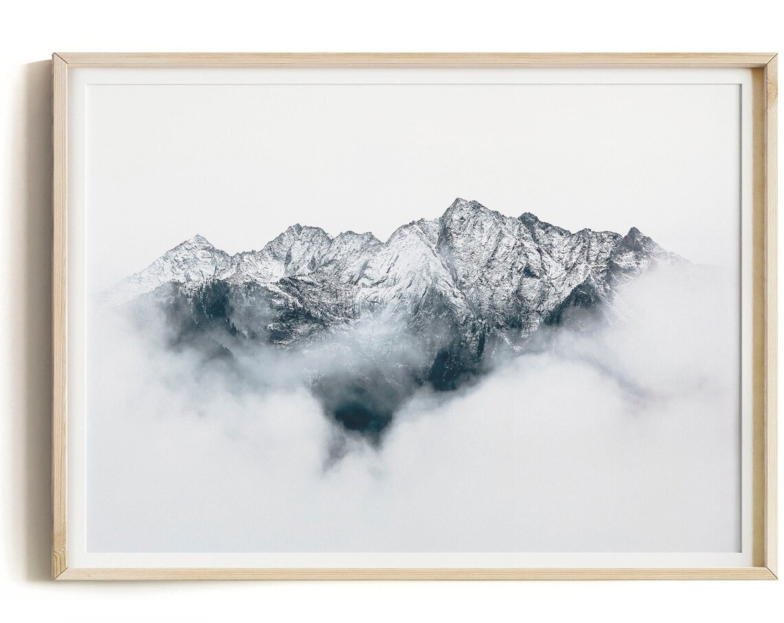 Smoky Mountain Misty Snowy Peaks Black White Photography Print