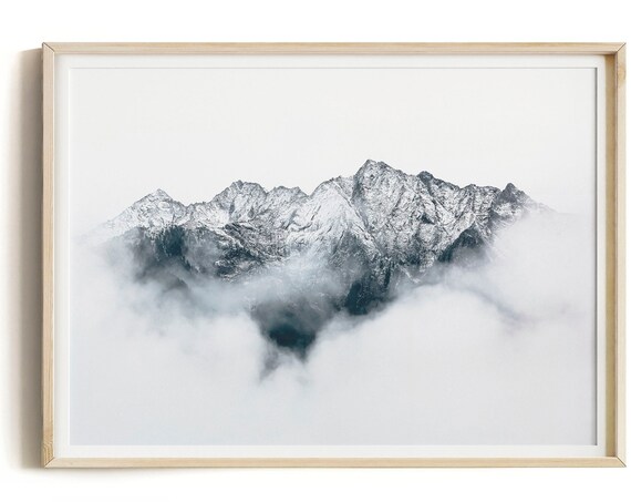 Black And White Smoky Mountain Art Horizontal Print Misty Mountain Poster Minimalist Photography Poster Rocky Mountains Wall Art