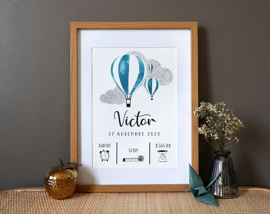 Personalized Birth Poster, Hot Air Balloons Watercolor