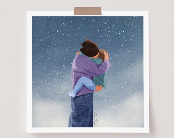 Goodnight Hug Motherhood Mother And Chil Illustration Art Bedroom Art Wall Art Meaningful Art Starry Sky Minimalistic Wall Print