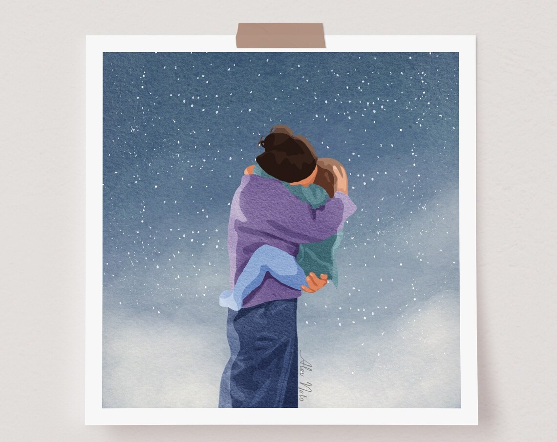 Mother Holding Her Child Close Beneath a Starry Night Sky Poster