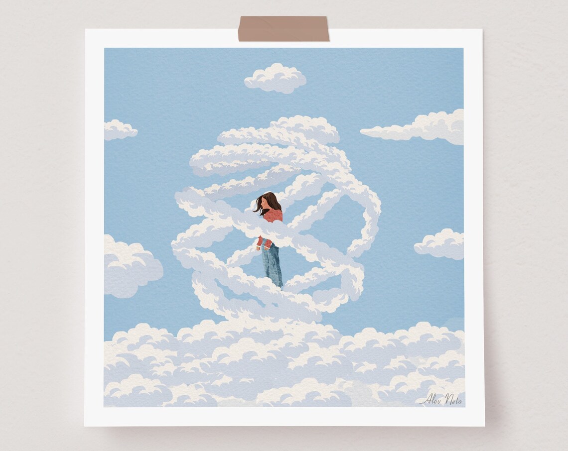 Woman Standing Inside Swirling Calm Clouds Art Illustration Poster