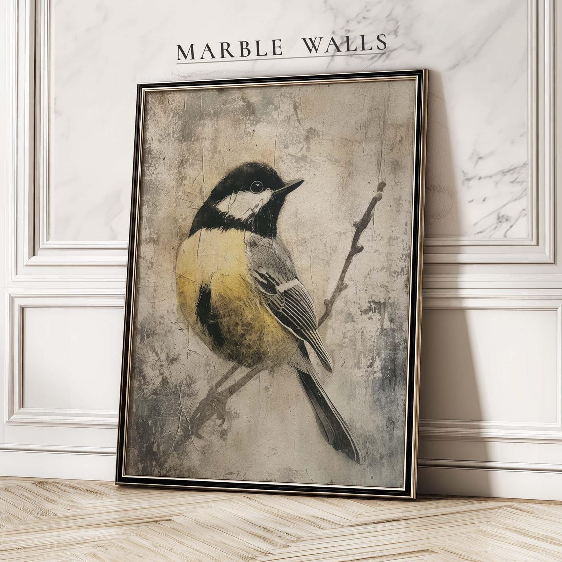 Great Tit Songbird Bare Twig Textured Stone Vintage Art Poster
