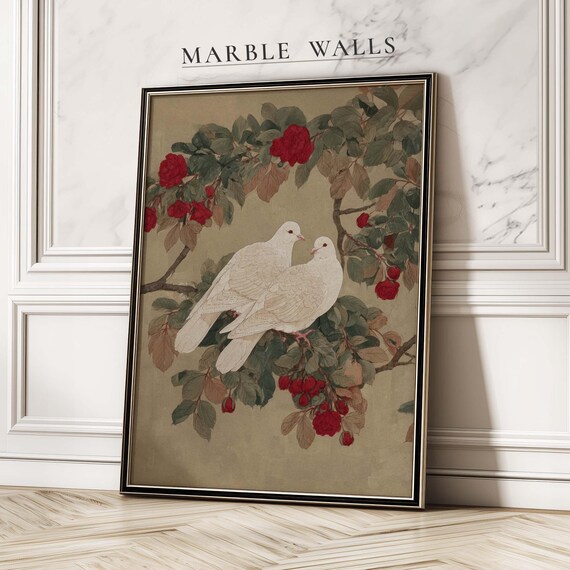 Dove Couple Red Roses Poster Antique Floral Bird Love Room Decor
