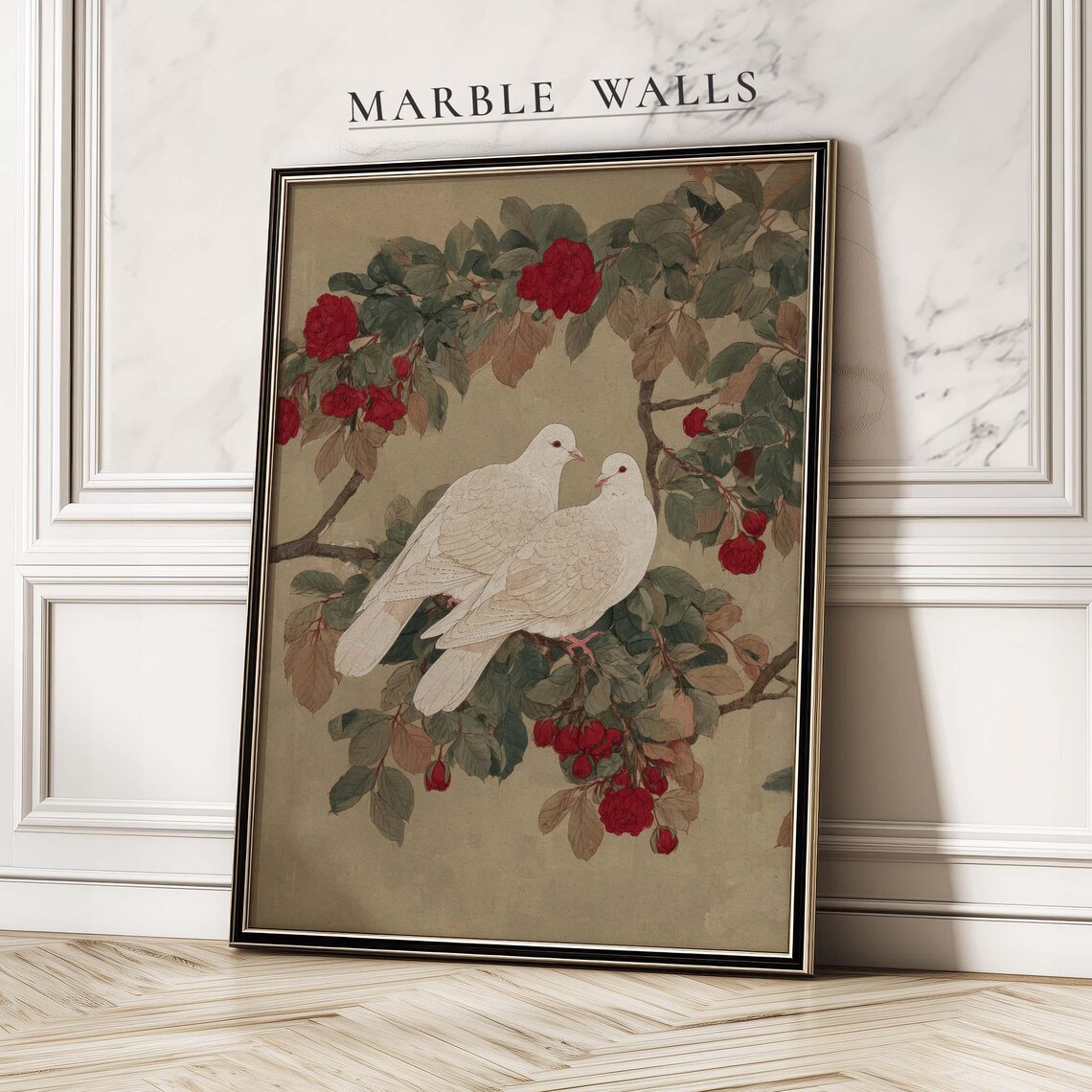 Dove Couple Red Roses Poster Antique Floral Bird Love Room Decor