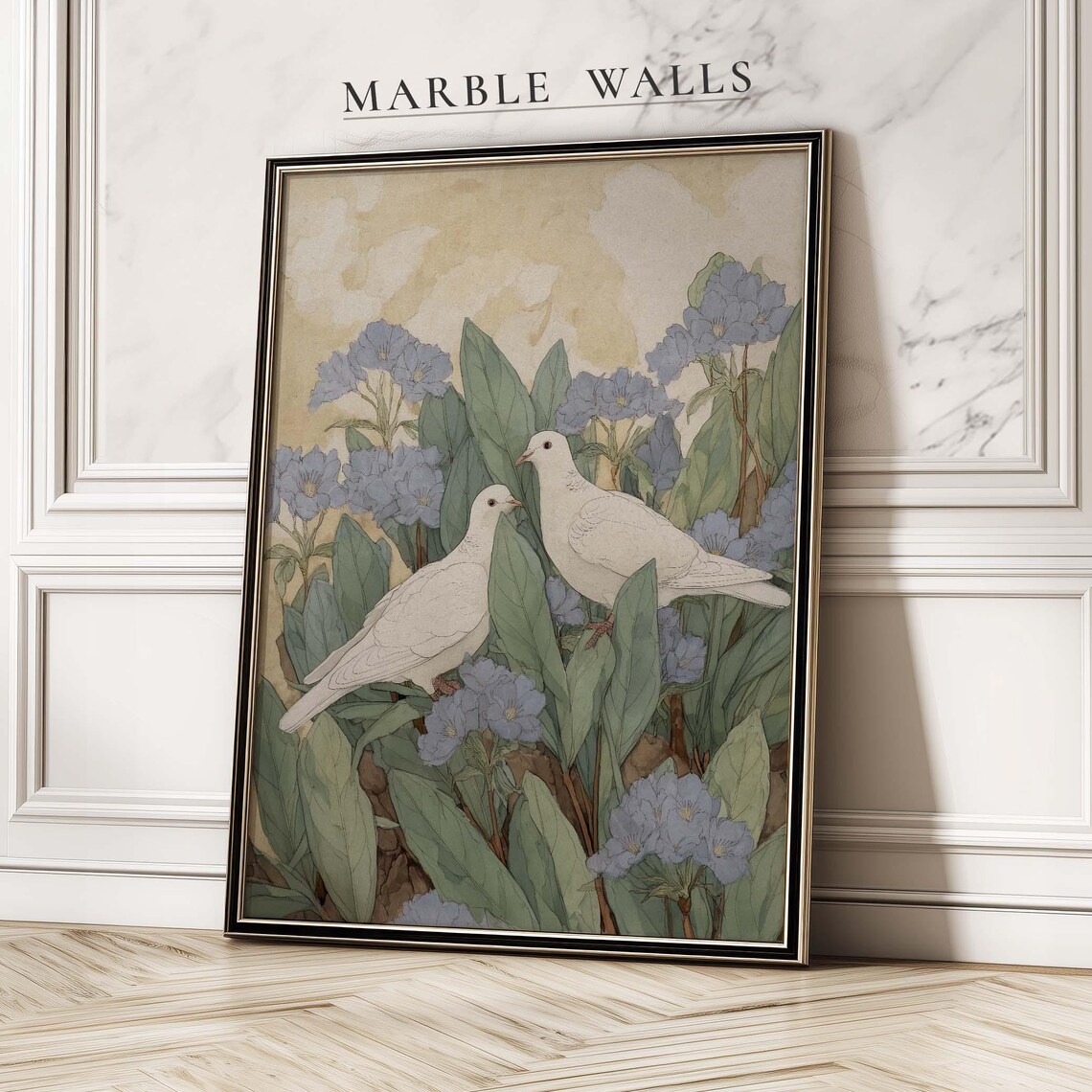 Romantic Bird Blue Floral, Classic Botanical Art Print