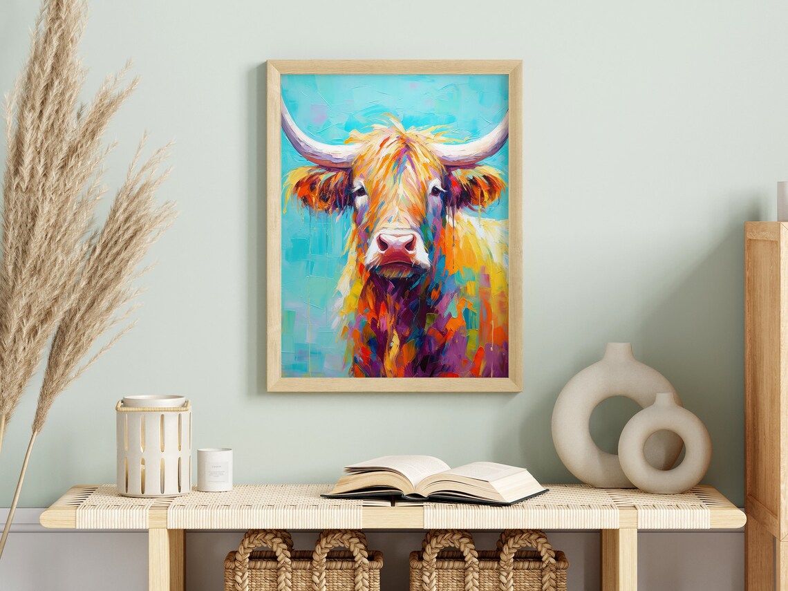 Colorful Shaggy Highland Cow on Vivid Turquoise Impasto Poster - Image 4