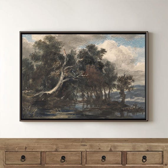 Vintage Trees And River Landscape Painting Scenic Neutral Watercolor Art Antique Art