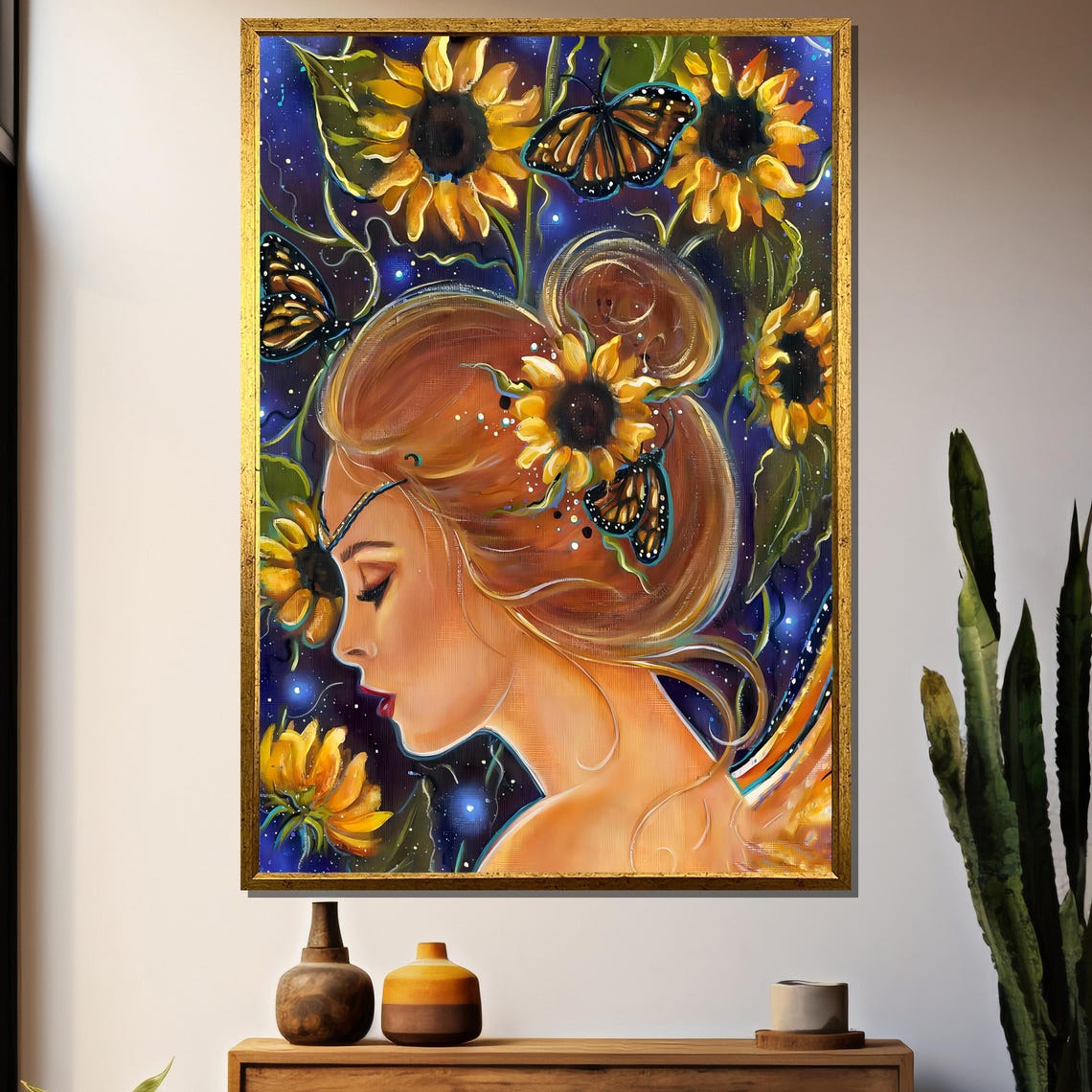 Sunflower Goddess with Butterflies Celestial Garden Portrait Poster