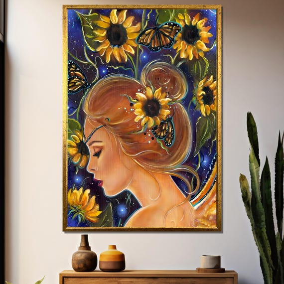 Sunflower Goddess Painting Dreamy Woman With Butterflies In A Celestial Garden Perfect For A Magical Gift