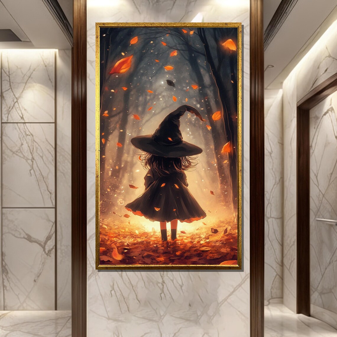 Little Witch Walking Through Autumn Leaves in Glowing Forest Poster