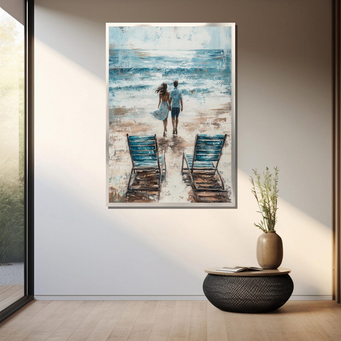 Romantic Couple Walking To The Shore With Beach Chairs Wall Art - Image 3