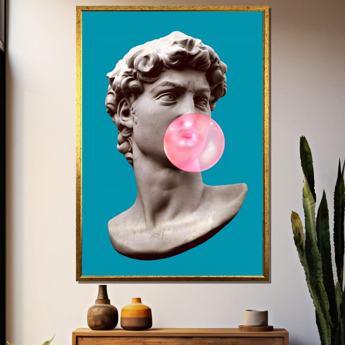 Michelangelo David Bust Blowing Pink Bubble Gum On Teal Poster