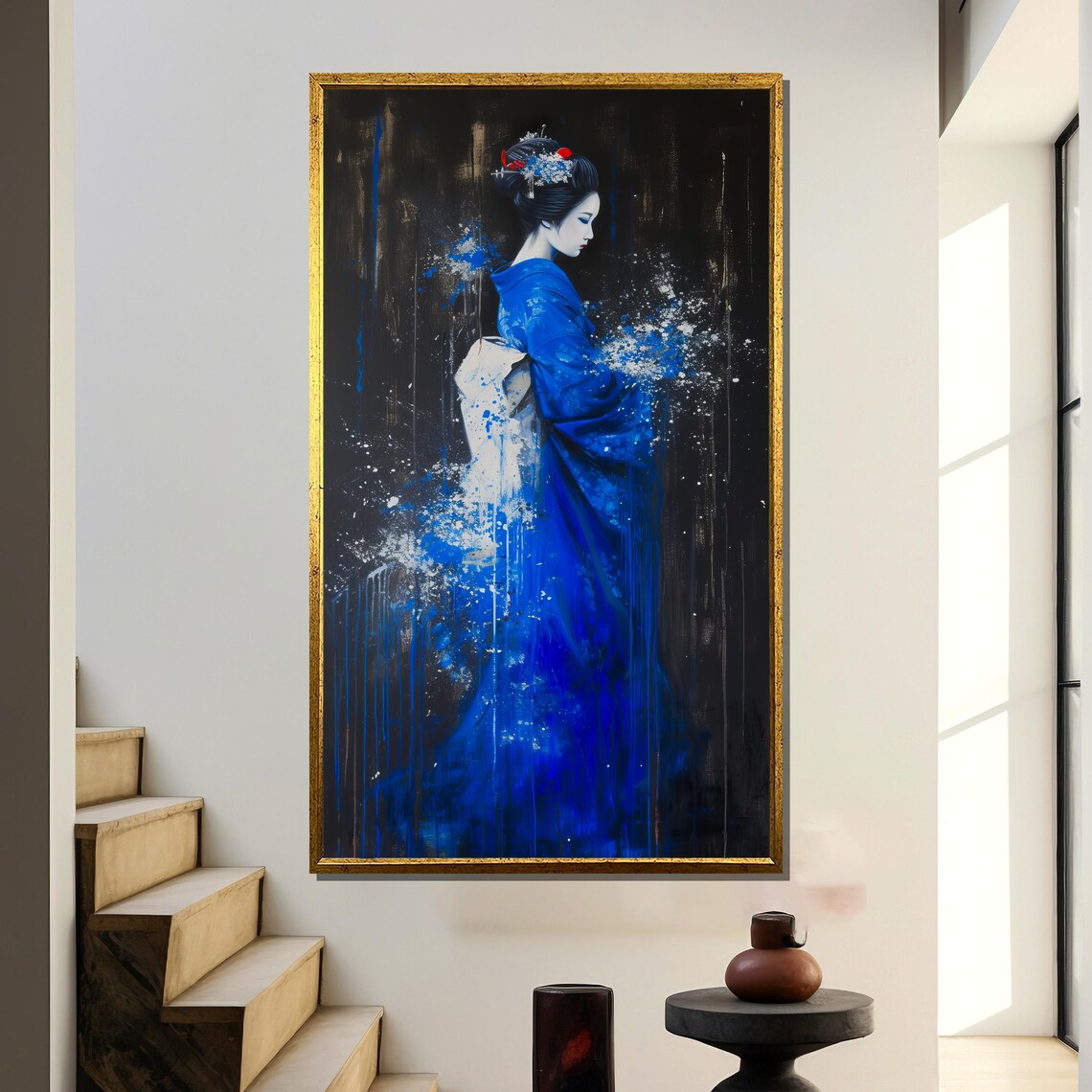 Elegant Geisha in Blue Kimono Emerging from Black Art Poster