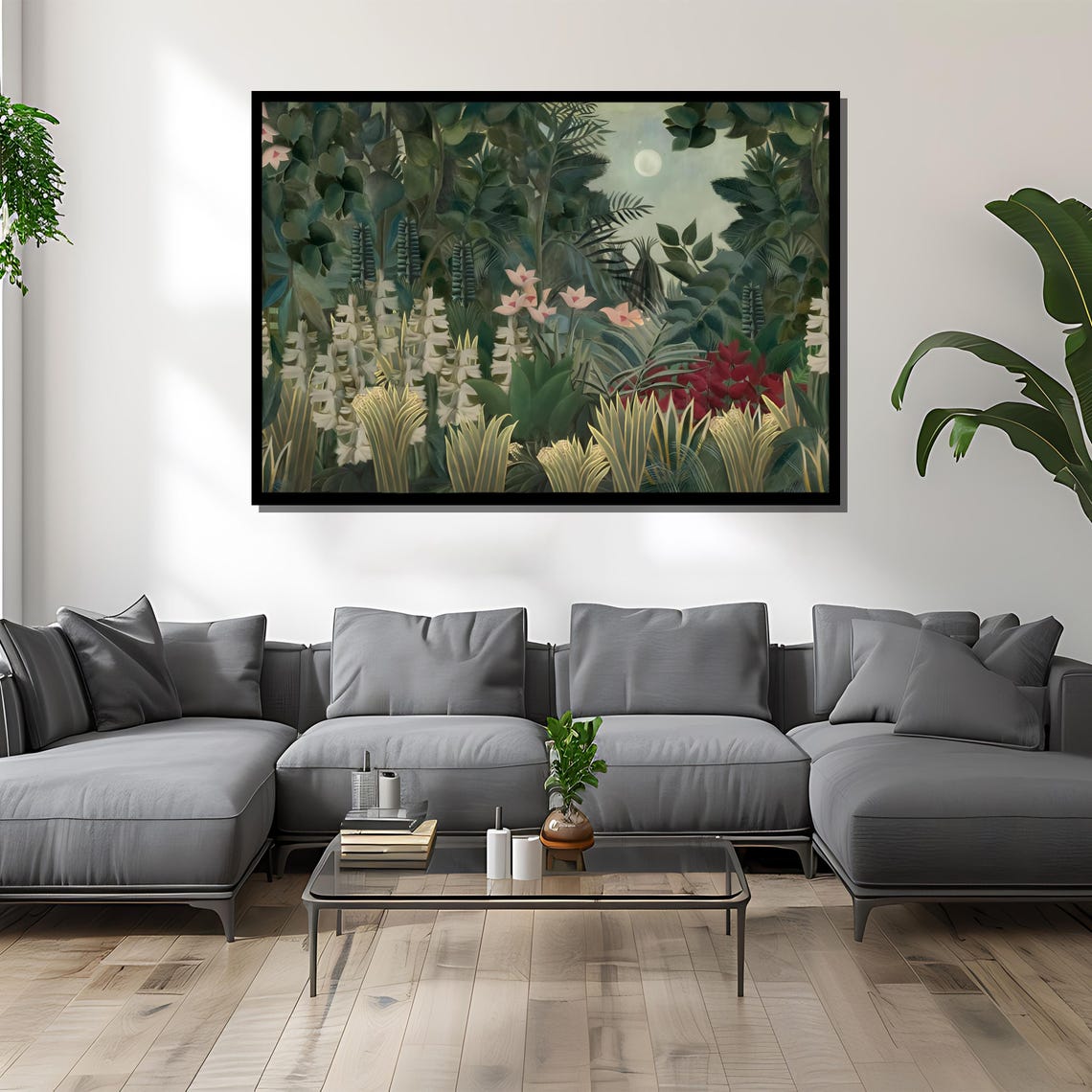Moonlit Jungle With Exotic Flowers Naive Style Tropical Poster - Image 4