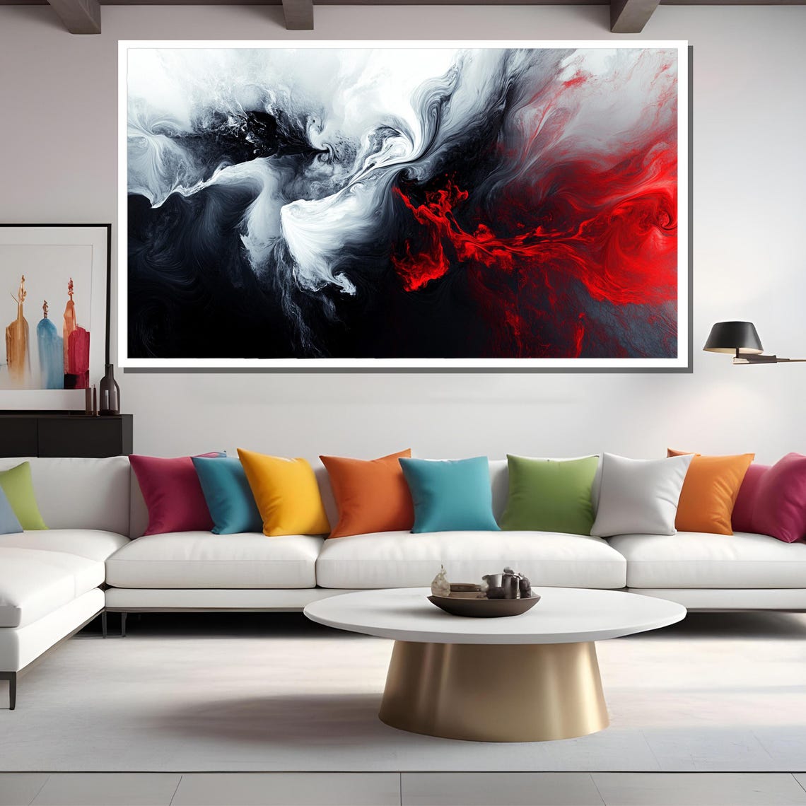 Abstract Fluid Motion Painting Bold Red Black And White Art Gift For Modern Wall Decor - Image 2