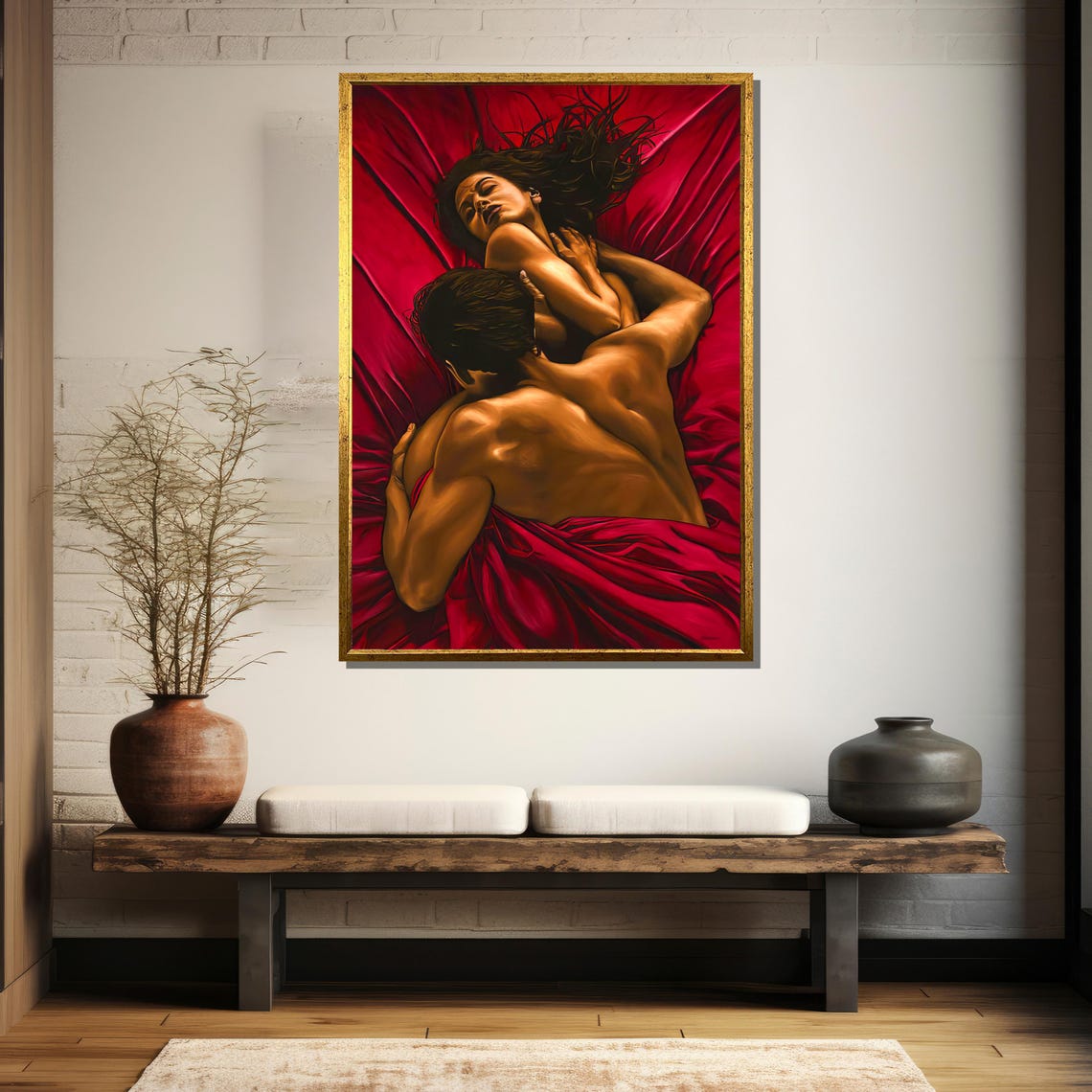 Passionate Couple Embracing On Flowing Crimson Satin Sheets Poster - Image 5