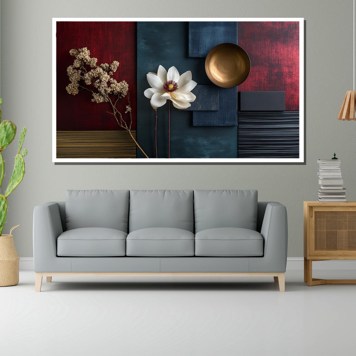 Dark Red and Navy Geometric Panels with White Magnolia Poster - Image 2