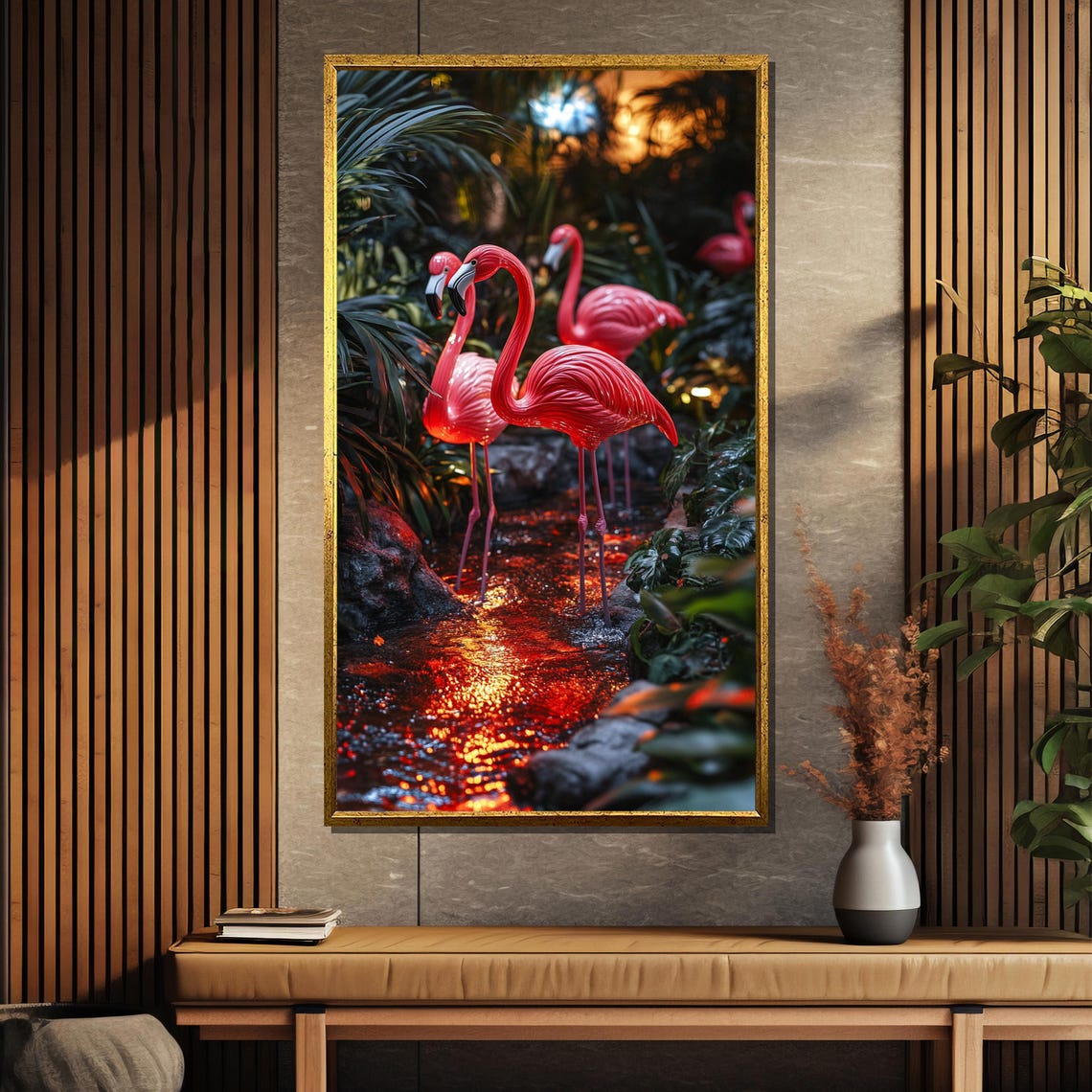 Pink Flamingos Wading in Glowing Ember Stream Tropical Night Poster - Image 5
