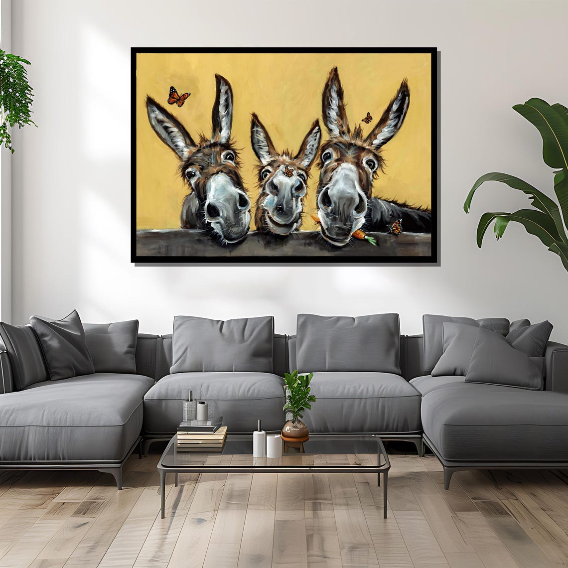 Three Playful Donkeys Peeking Over Wooden Fence Humor Wall Poster - Image 4