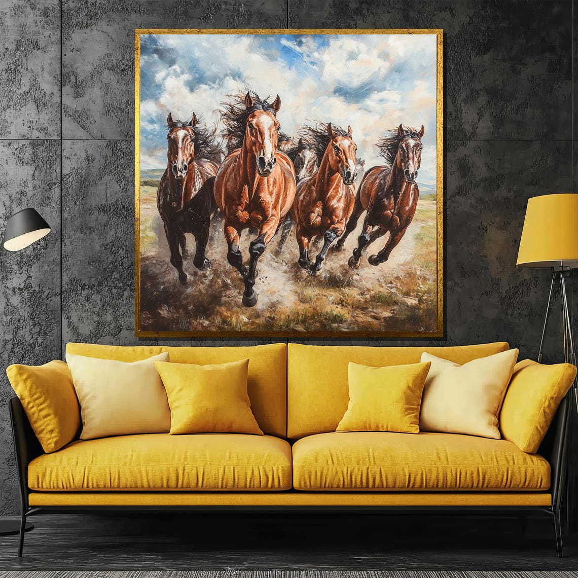 Galloping Chestnut Horses Charging Across Open Prairie Painting Poster