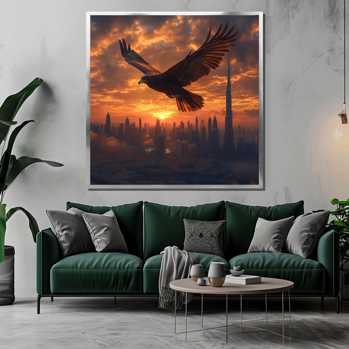 Eagle Soaring Over Dubai Skyline at Fiery Sunset Clouds Poster - Image 3