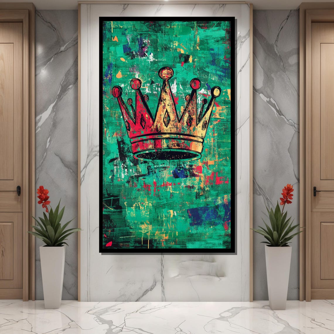 Red and Gold Crown on Emerald Green Abstract Background Poster - Image 4