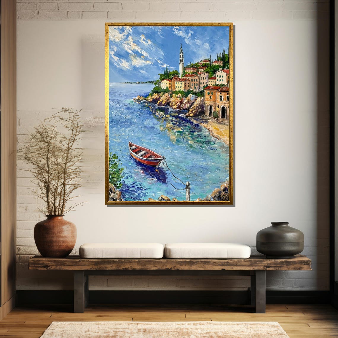 Mediterranean Cliffside Village Harbor Scene Painting Poster - Image 5