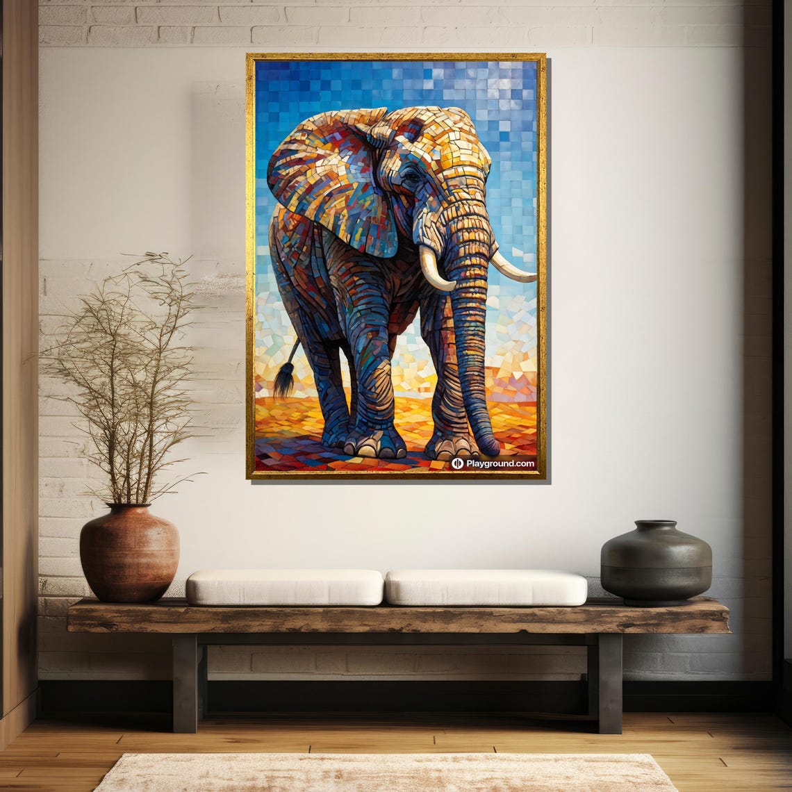 Mosaic Tile Elephant In Blue And Orange Stained Glass Style Art Poster - Image 5