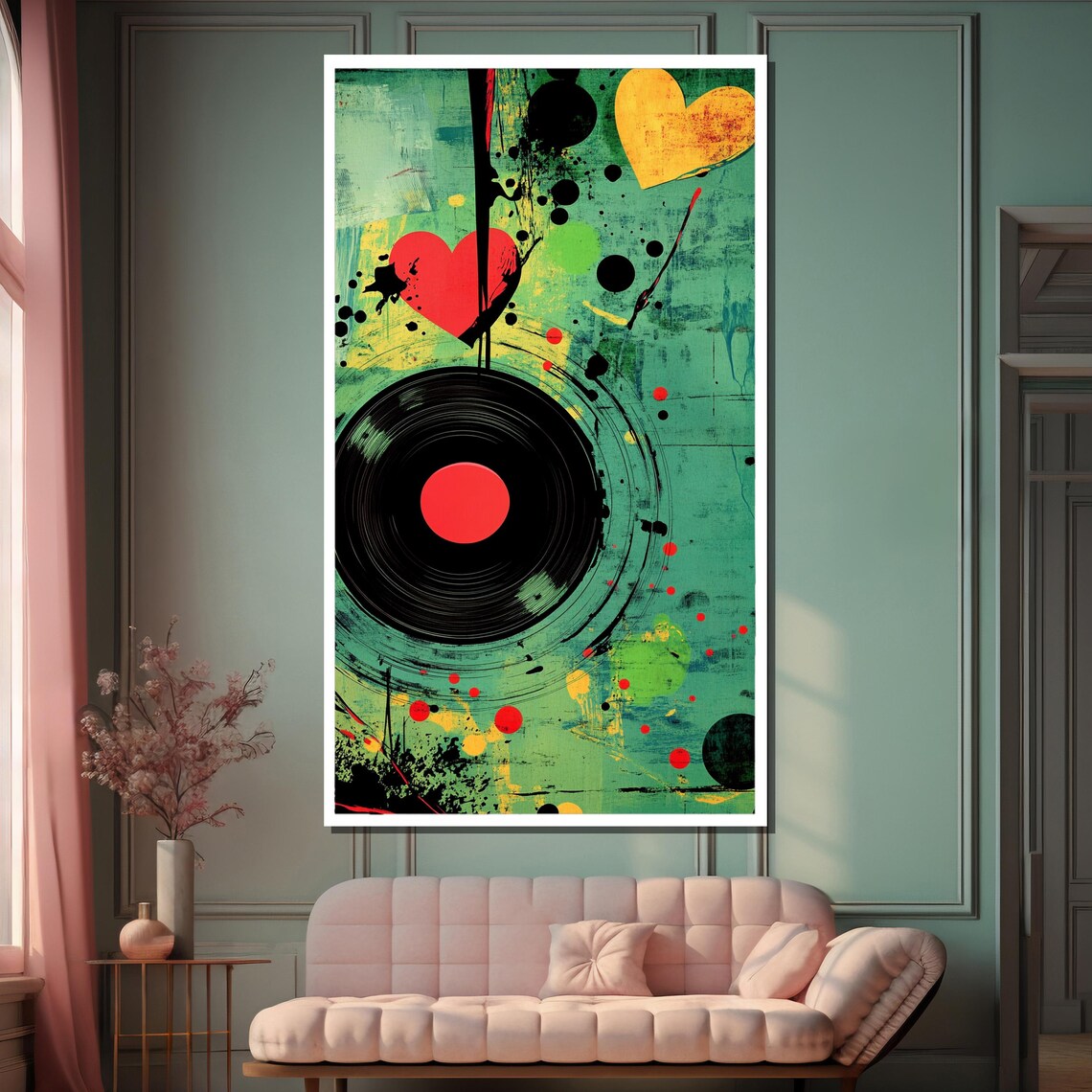 Vinyl Record with Hearts in Teal Street Art for Music Lovers Poster - Image 2
