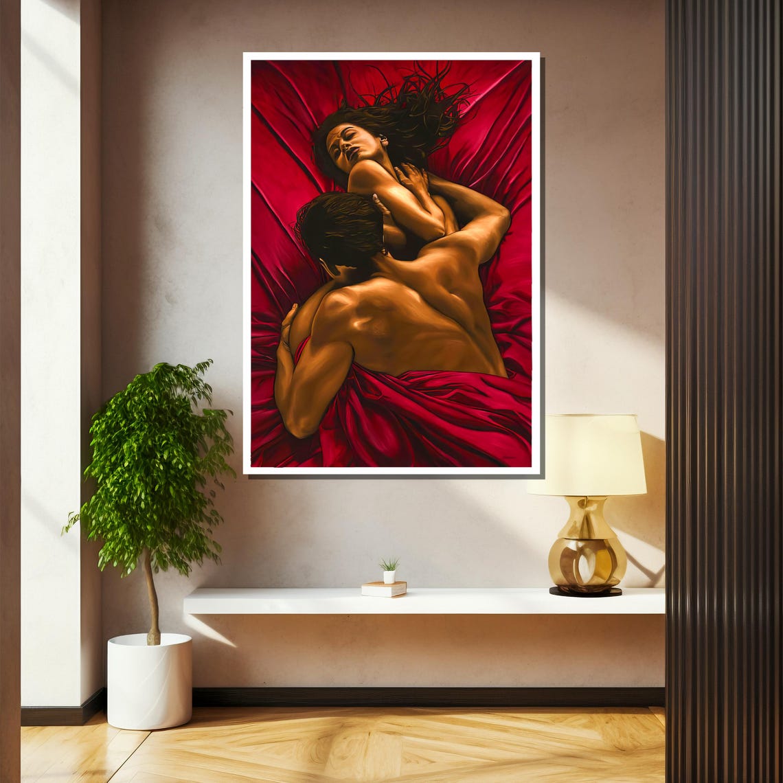 Passionate Couple Embracing On Flowing Crimson Satin Sheets Poster - Image 2