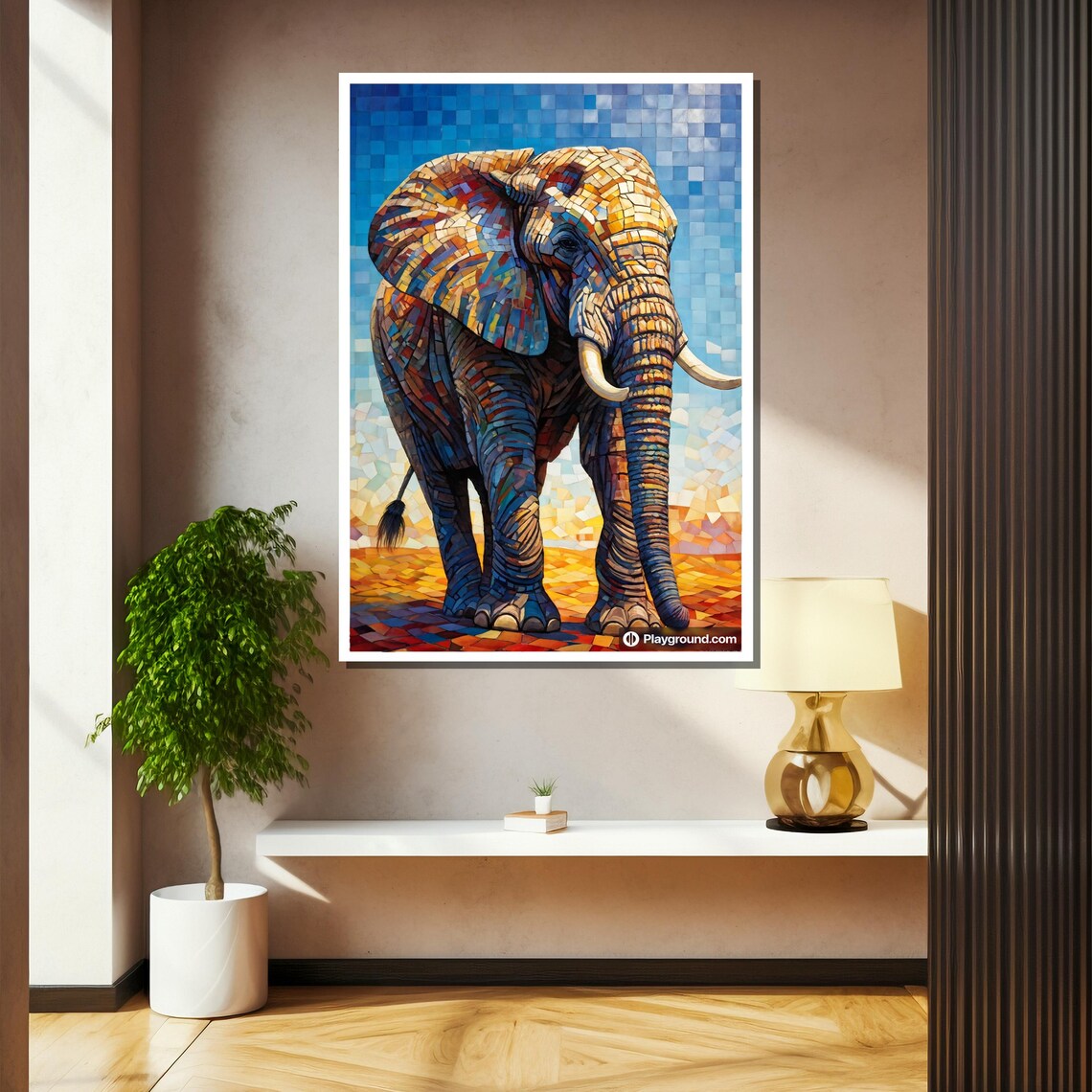 Mosaic Tile Elephant In Blue And Orange Stained Glass Style Art Poster - Image 2