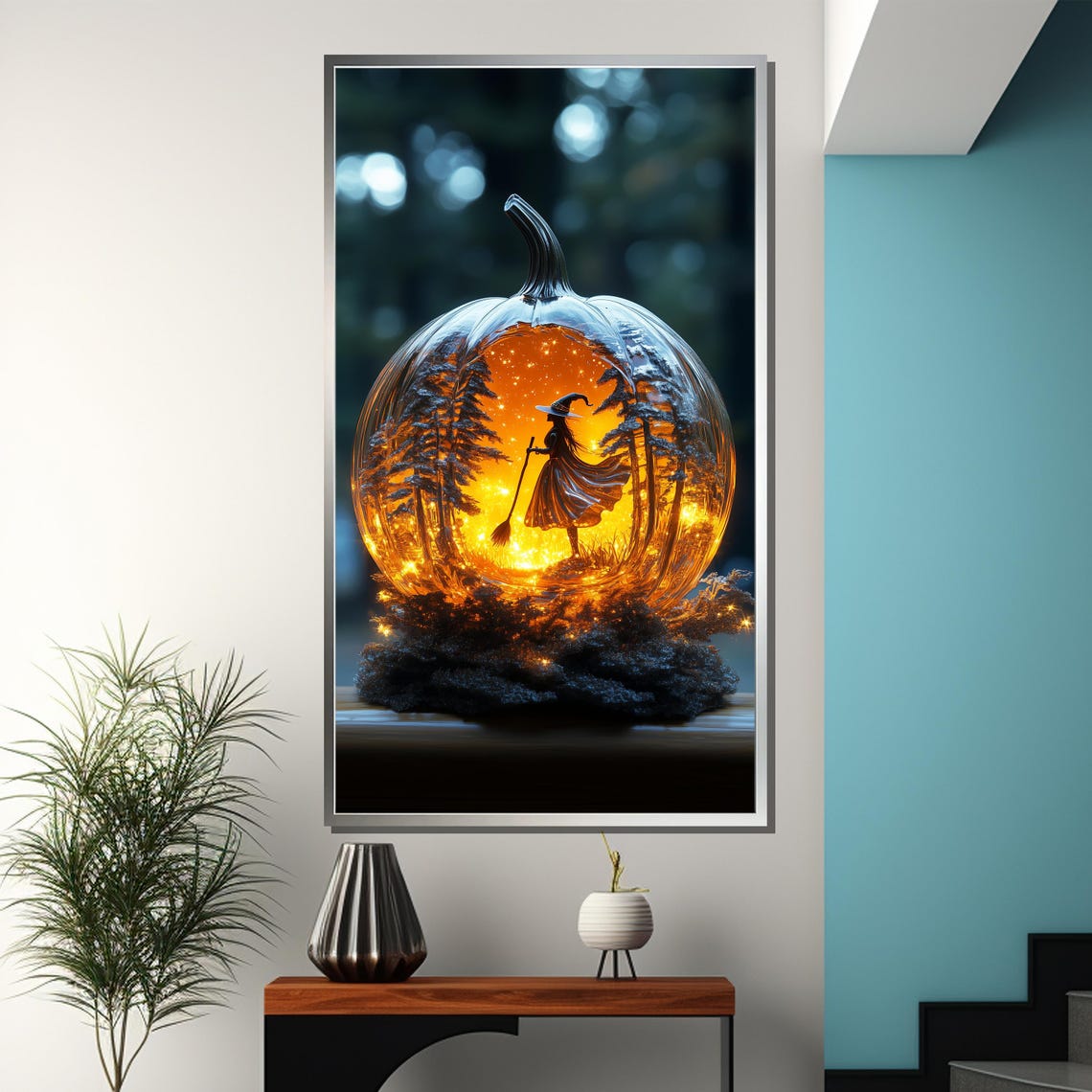 Glowing Pumpkin Carving with Witch Scene Inside Halloween Art Poster - Image 3