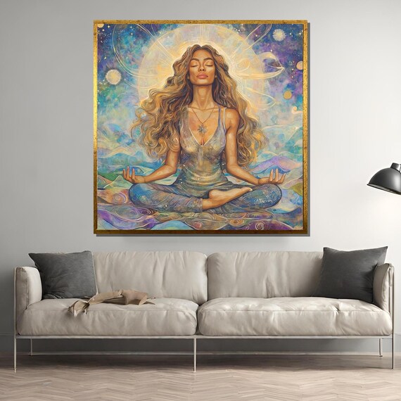 Serene Long Haired Goddess Meditating Under Celestial Halo Poster