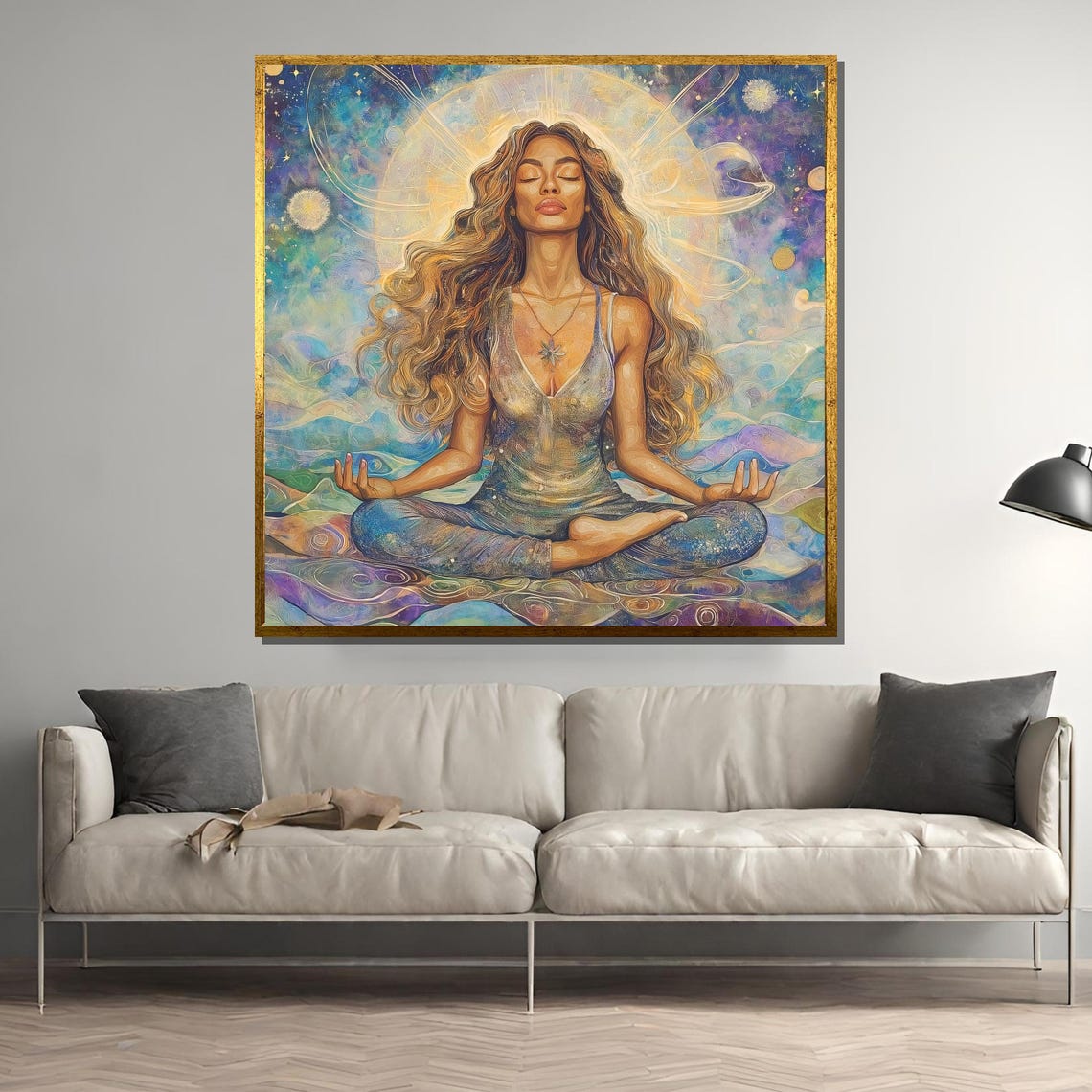 Serene Long Haired Goddess Meditating Under Celestial Halo Poster