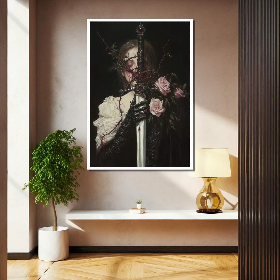Gothic Lady Holding Jeweled Sword with Thorns and Pink Roses Poster - Image 2