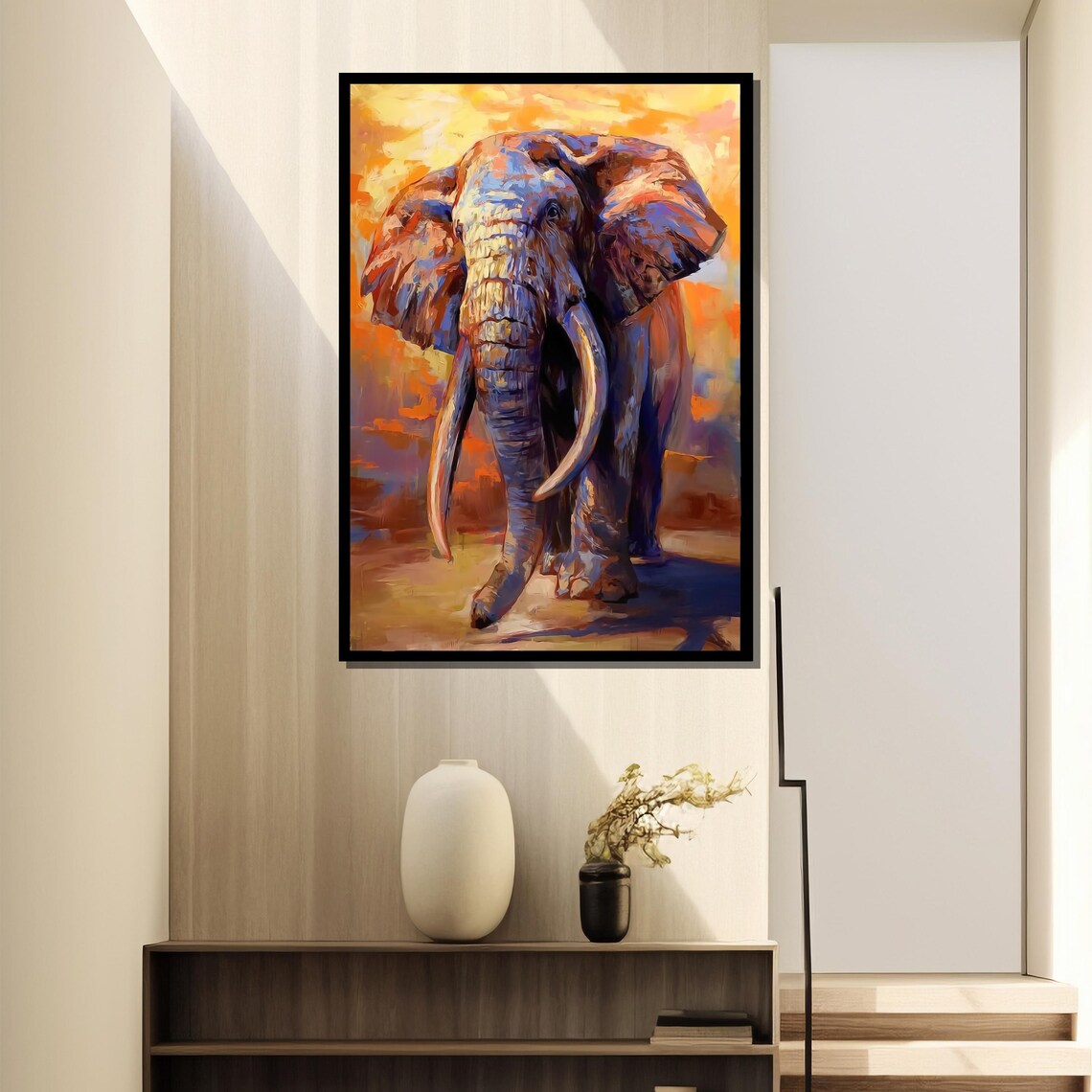Elephant Walking Toward Viewer At Sunset Vibrant Impasto Wildlife Poster - Image 4