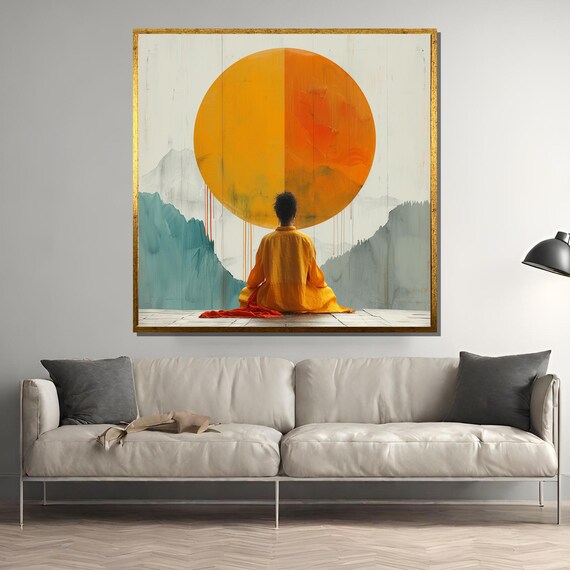 Meditating Figure Before Giant Orange Sun Over Teal Mountains Poster