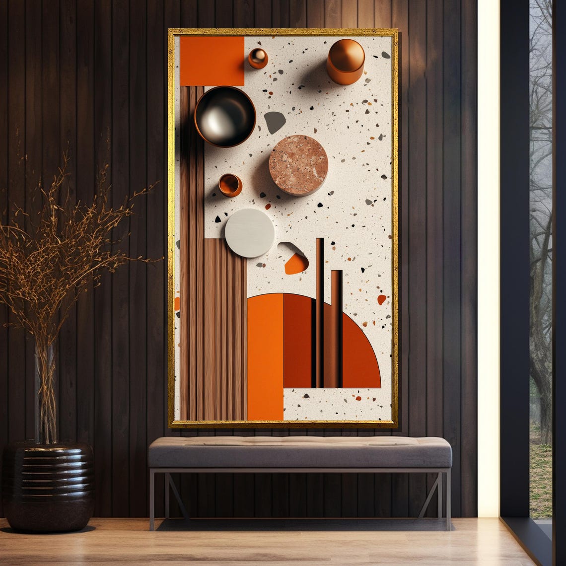 Modern Terrazzo Abstract with Copper Spheres and Wood Slats Poster - Image 5