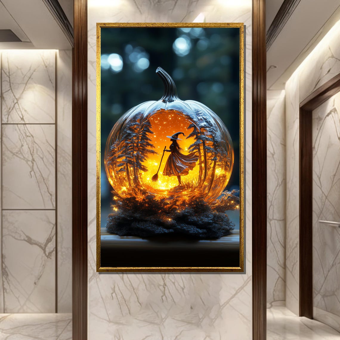 Glowing Pumpkin Carving with Witch Scene Inside Halloween Art Poster