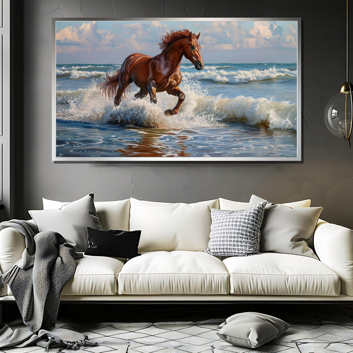 Chestnut Horse Galloping Through Ocean Waves Seashore Poster - Image 3