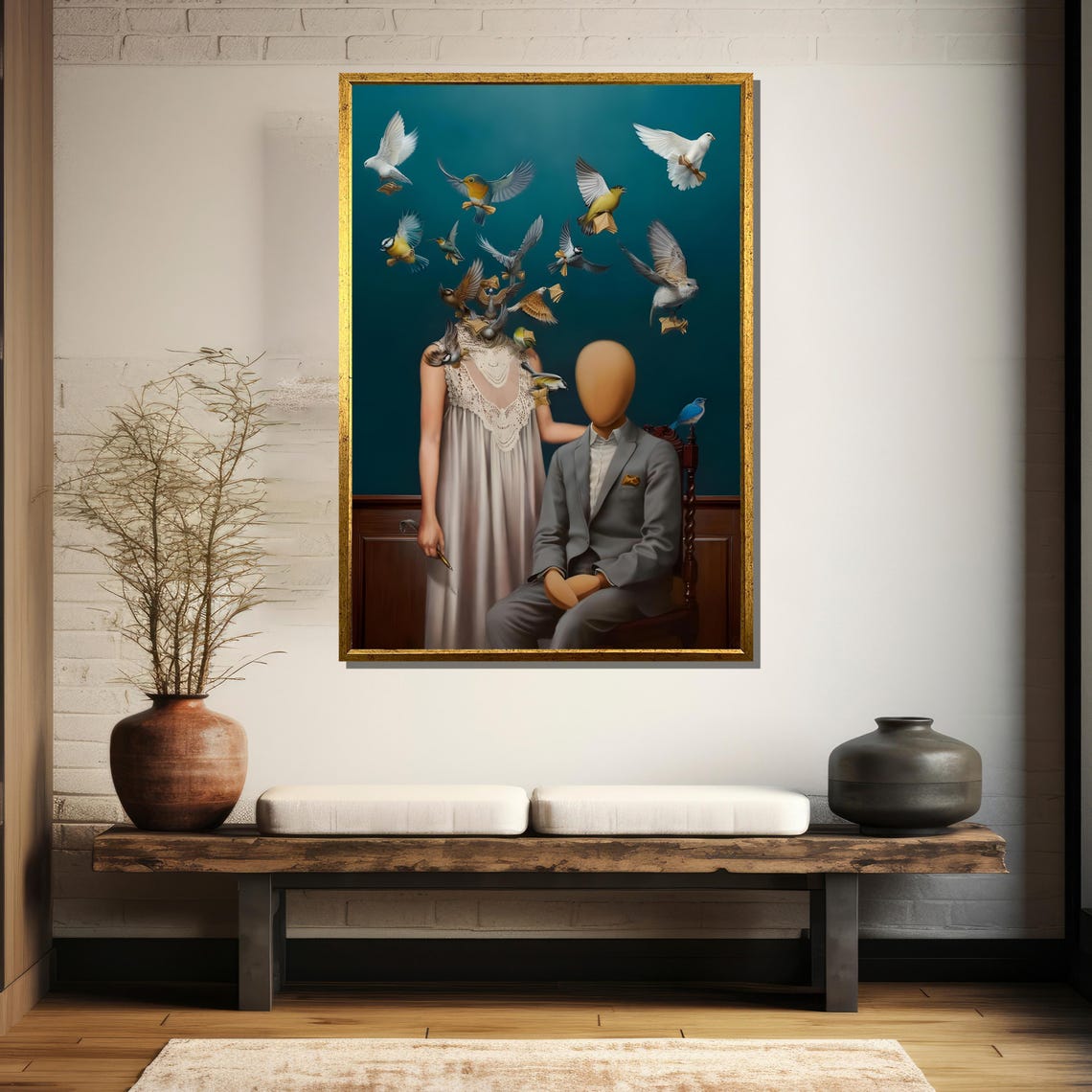 Surreal Faceless Couple with Birds Flying from Her Mind Poster - Image 5