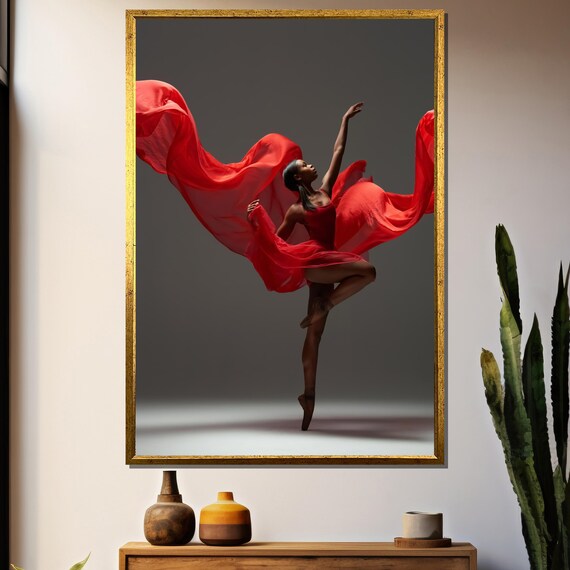 Dancer En Pointe In Red Costume With Swirling Red Silk Poster