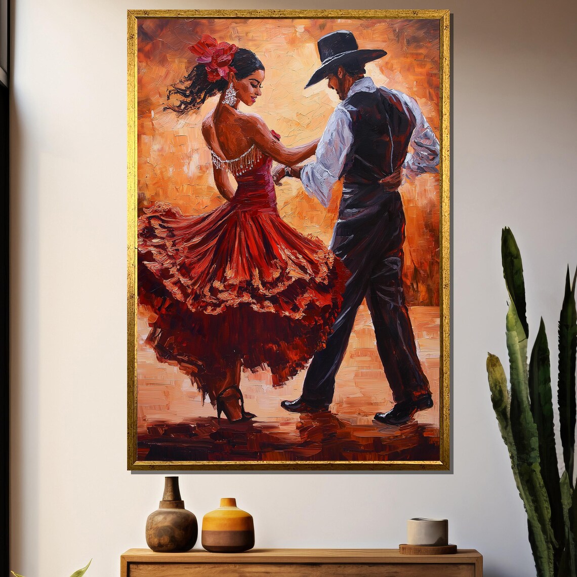 Passionate Flamenco Dancers in Red Dress Spanish Painting Art Poster
