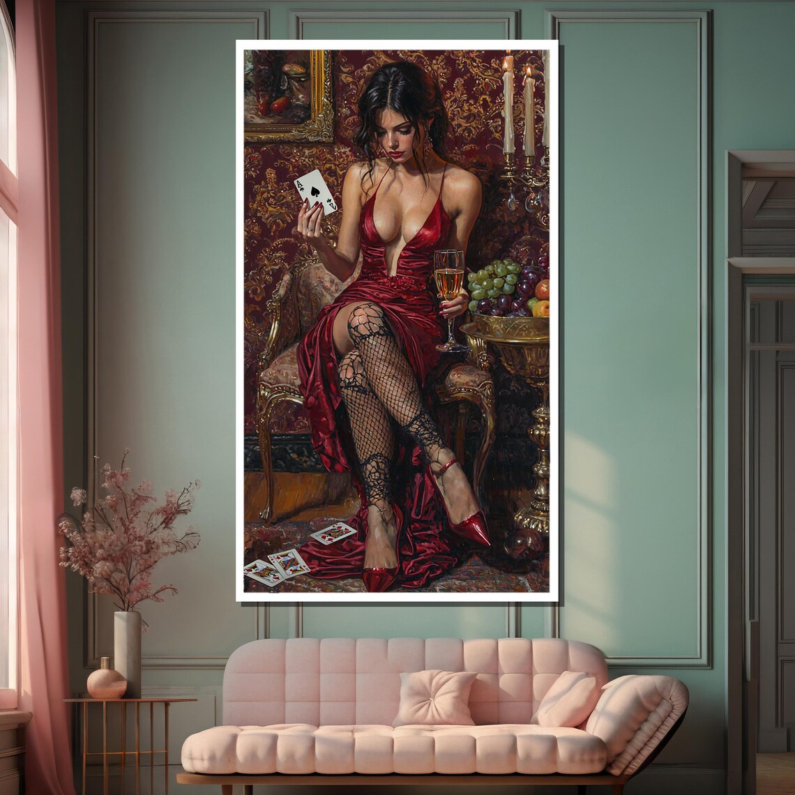 Elegant Lady In Red Holding Ace Of Spades Poker Night Poster - Image 2