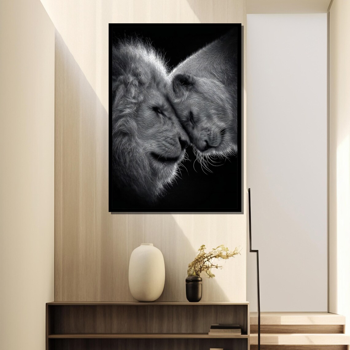 Nuzzling Lion Pair In Black And White Intimate Wildlife Art Poster - Image 4