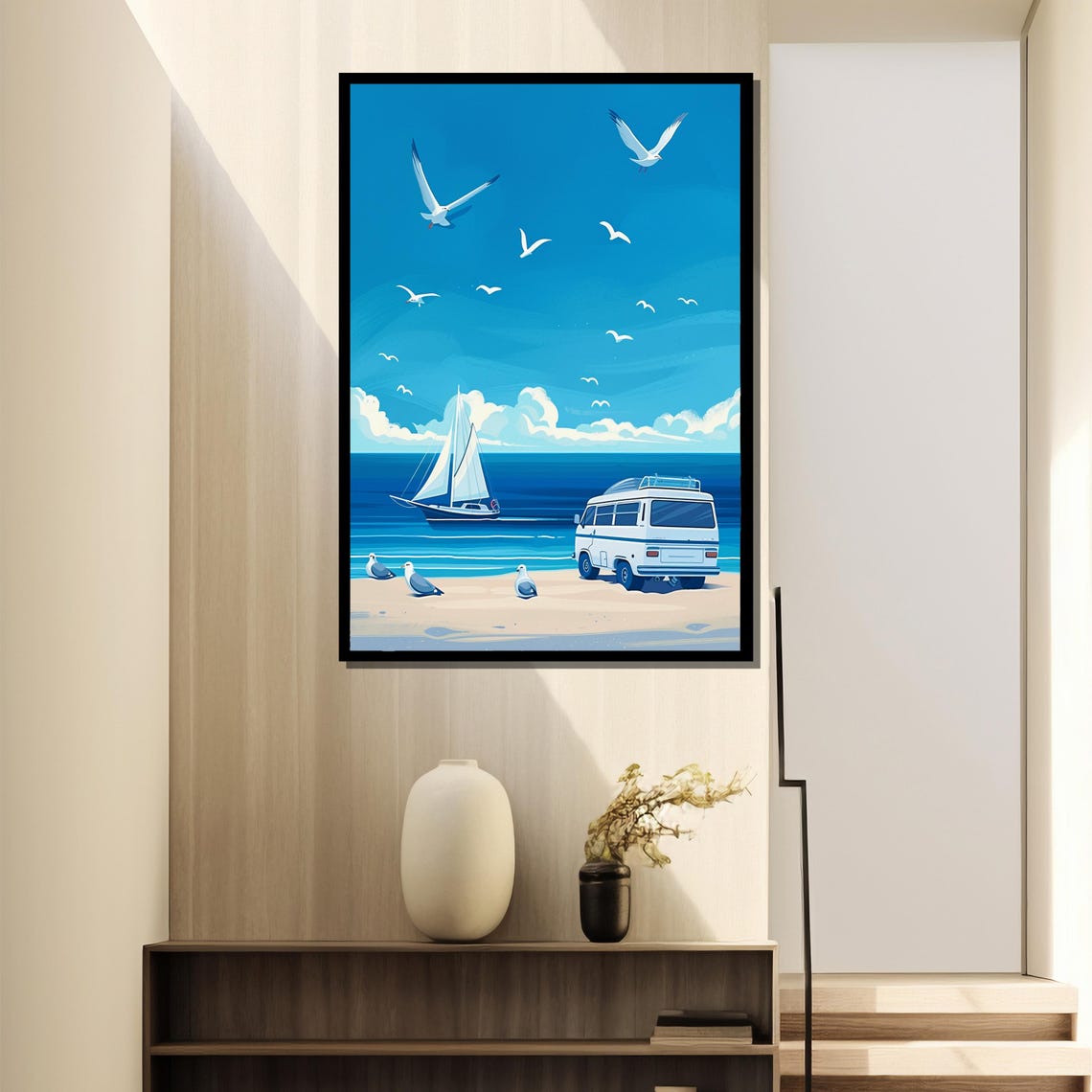 Coastal Campervan And Sailboat Painting Relaxing Seaside Art Gift For Nautical And Beach Lovers - Image 4